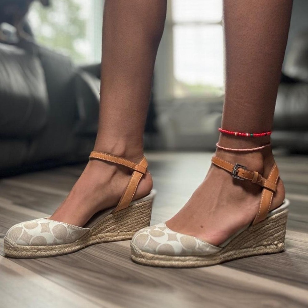 Authentic Coach Valerie wedge sandals featuring the signature beige and white